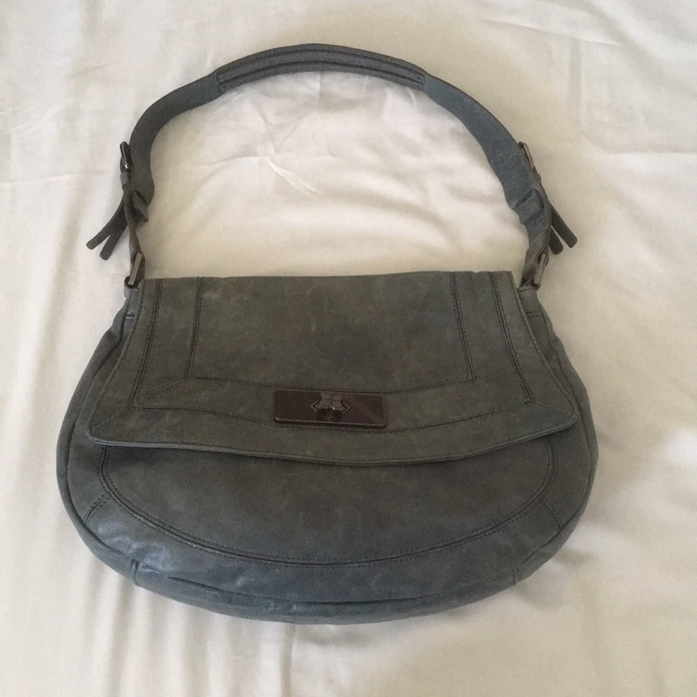 BCBGMAXAZRIA Distressed Denim Blue Leather Saddle Bag — $348 NWT